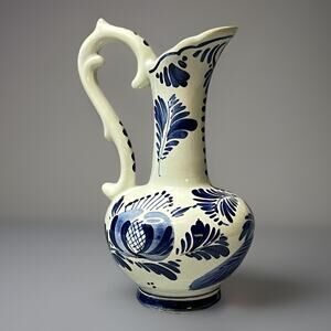 Vintage Delft Holland Pitcher White Ceramic 544 Blue Floral Vase 6" Handle Decor